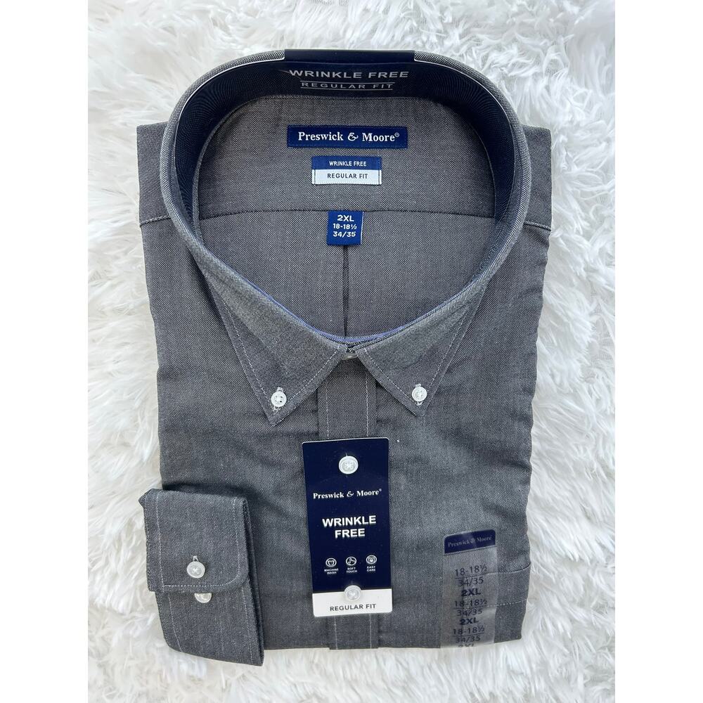 Preswick & Moore 2XL Wrinkle Free Regular Button Dress Shirt Gray 18-18.5 34/35